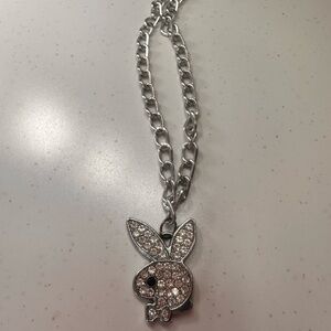 Playboy Silver Rhinestone Bunny Pendant Necklace Lobster Clasp 17 Inches